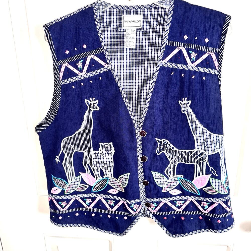 Napa Valley Vintage Safari Jungle Animal Applique Vest Beaded Navy Gingham Large